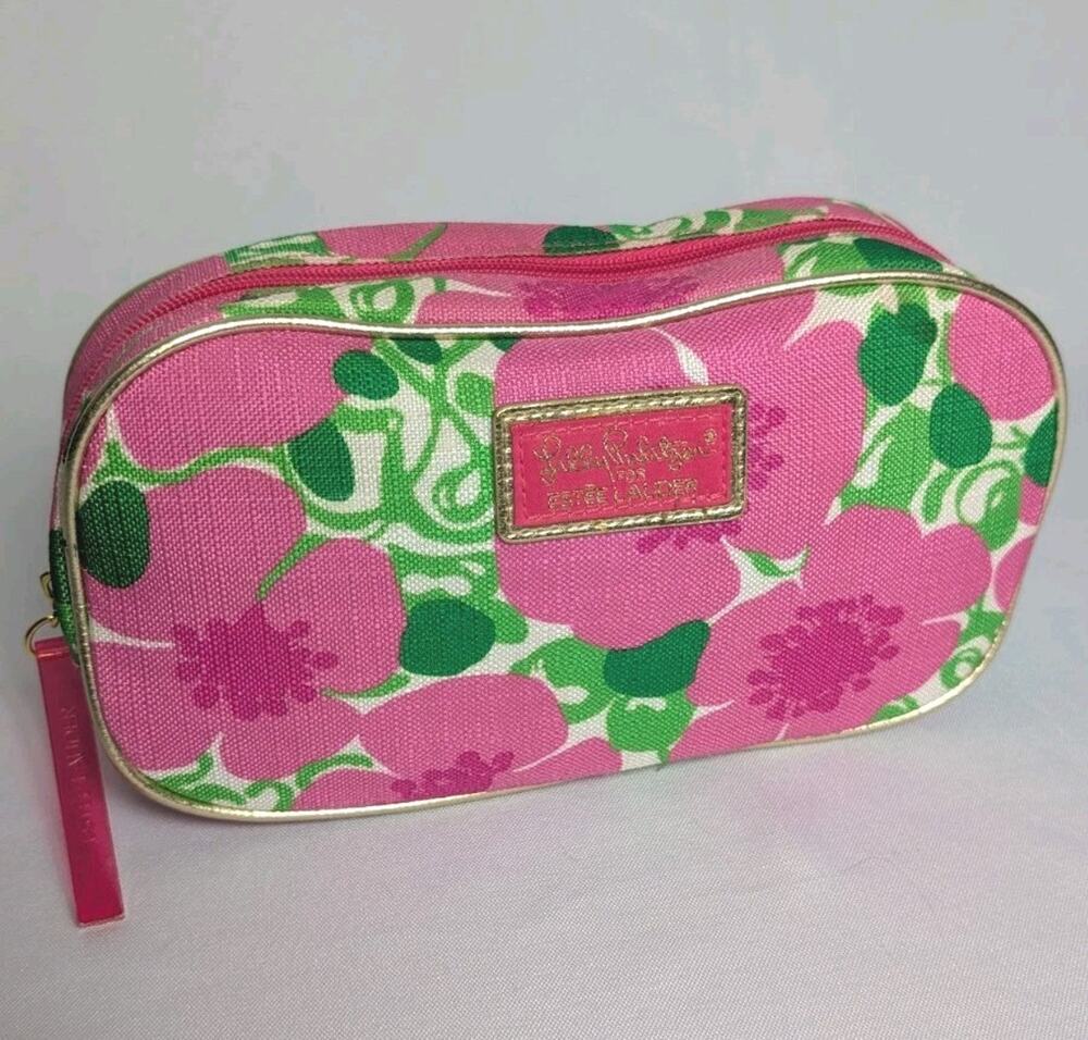 Lilly Pulitzer Estee Lauder Zipper Cosmetic Case Bag Pouch Pink Green Floral